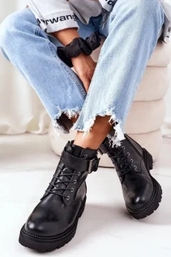 Damskie Ocieplane Workery EE2R4086C Czarne Damskie Botki Ocieplane|Botki Sznurowane