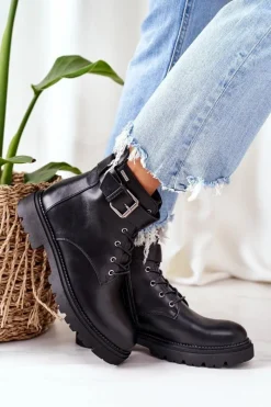 Damskie Ocieplane Workery EE2R4086C Czarne Damskie Botki Ocieplane|Botki Sznurowane
