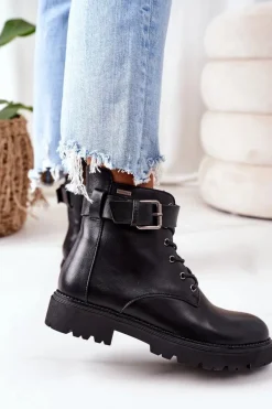 Damskie Ocieplane Workery EE2R4086C Czarne Damskie Botki Ocieplane|Botki Sznurowane