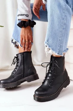 Damskie Trapery|Botki Sznurowane>Big Star Shoes Damskie Ocieplane Workery Big Star II274105 Czarne