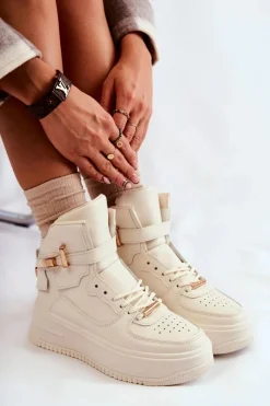 Boto Damskie Ocieplane Wysokie Buty Sportowe Beżowe Lexa