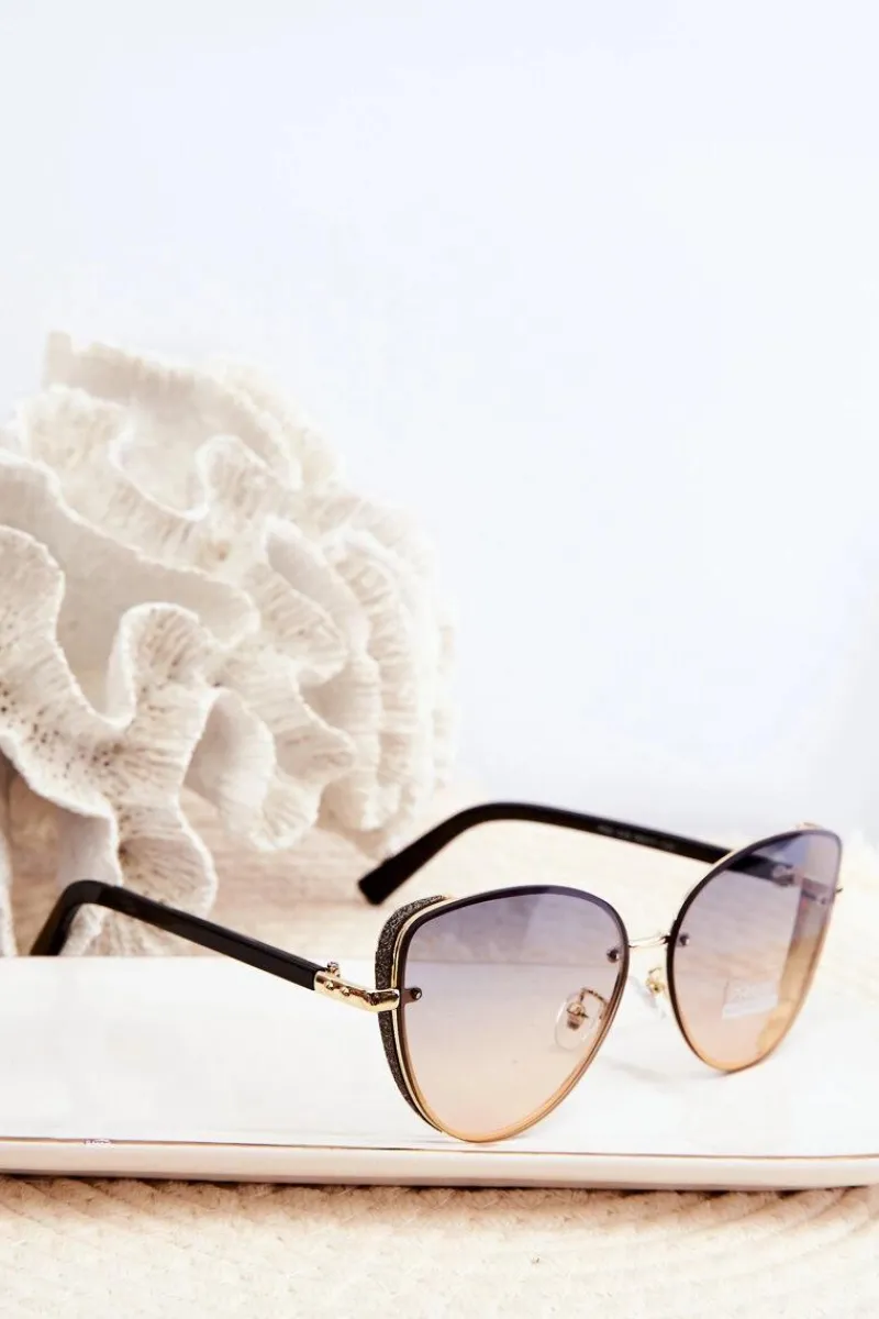 Okulary>PRIUS Damskie Okulary Przeciwsłoneczne Z Brokatowymi Wstawkami UV400 Czarno-Złote