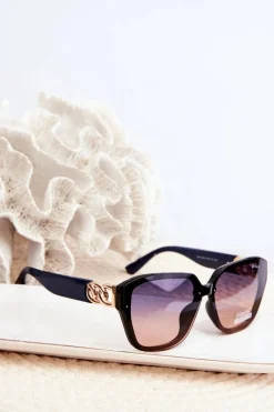 Outlet Damskie Okulary Przeciwsłoneczne Ze Złotym Detalem UV400 Granatowo-Czarne Okulary