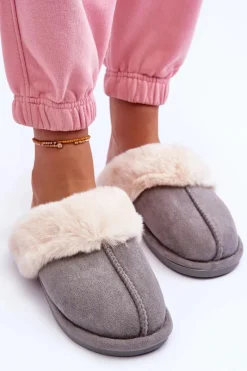 Kapcie Klasyczne|Klapki Z Futerkiem></noscript>Boto Damskie Papcie Klapki z Futerkiem Szare Pinky Szary