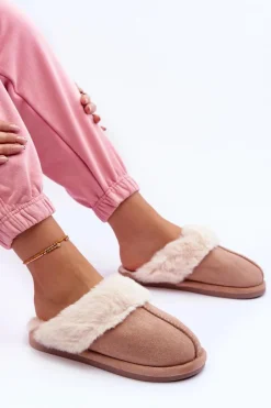 Sale Boto Damskie Papcie Klapki z Futerkiem Beżowe Pinky Beżowy