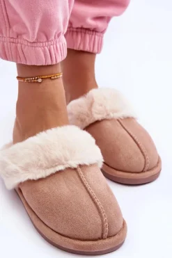 Sale Boto Damskie Papcie Klapki z Futerkiem Beżowe Pinky Beżowy