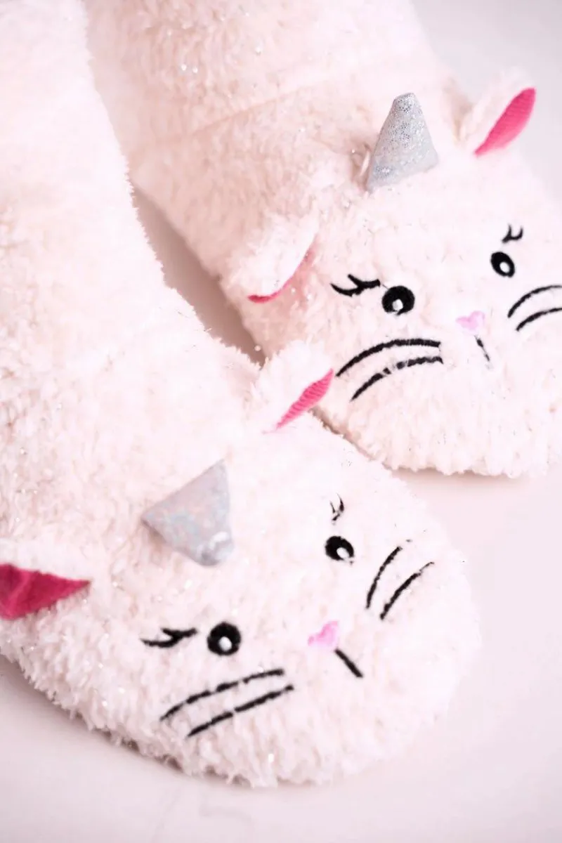 New Aura.via Damskie Papcie Ocieplane Kożuszkiem Ecru Nyan Cat