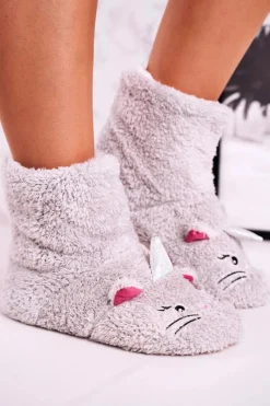Kapcie Klasyczne>Aura.via Damskie Papcie Ocieplane Kożuszkiem Szare Nyan Cat