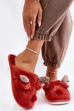 Kapcie Klasyczne>Boto Damskie Papcie Z Futerkiem I Reniferem Czerwone Sopya