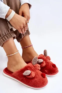 Kapcie Klasyczne>Boto Damskie Papcie Z Futerkiem I Reniferem Czerwone Sopya