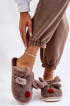 Kapcie Klasyczne>Boto Damskie Papcie Z Futerkiem I Reniferem Szare Sopya