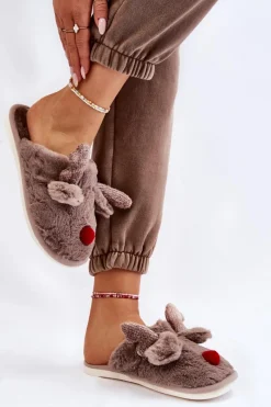 Kapcie Klasyczne>Boto Damskie Papcie Z Futerkiem I Reniferem Szare Sopya