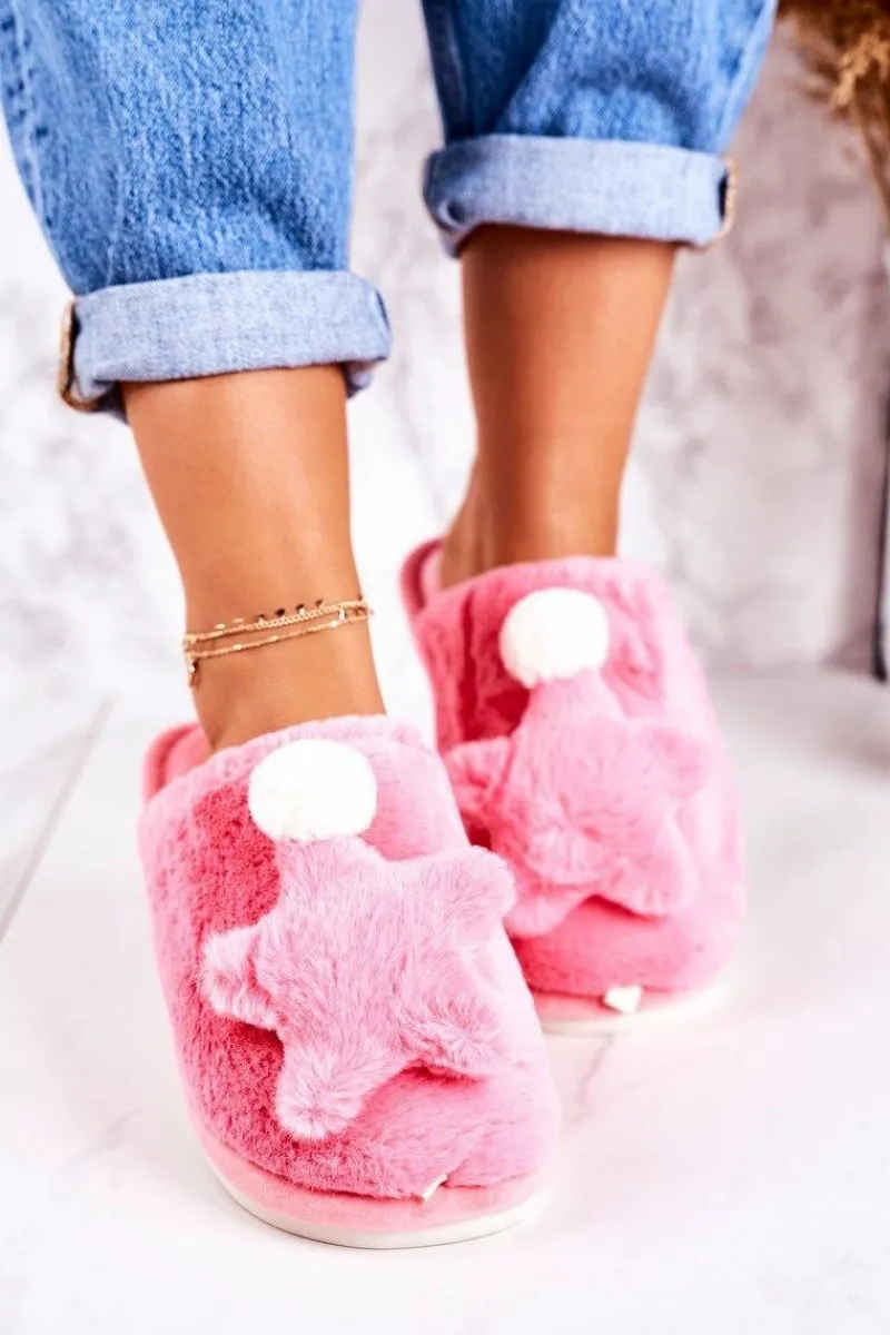 Damskie Papcie Z Futerkiem I Gwiazdką Różowe Night-Night Damskie Kapcie Klasyczne