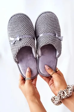 Discount Damskie Papcie Z Kokardką Szare Evira Damskie Kapcie Klasyczne