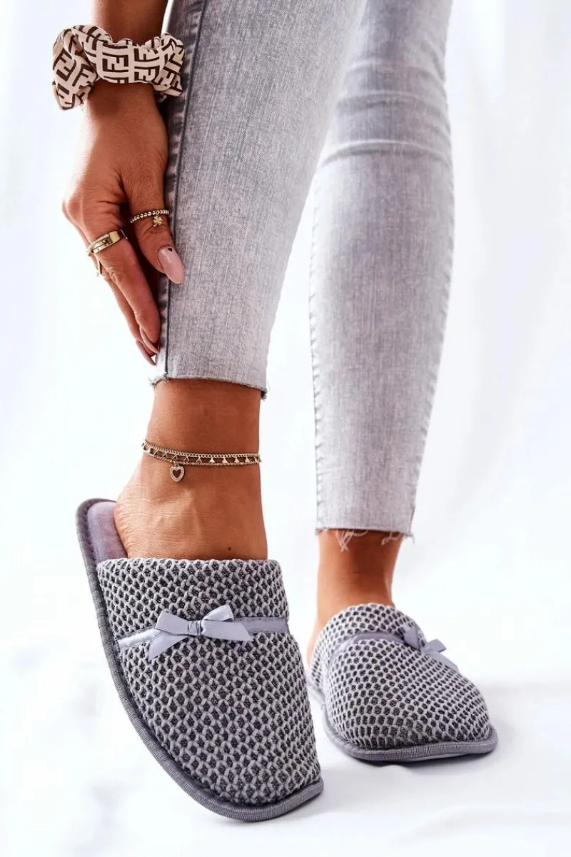 Discount Damskie Papcie Z Kokardką Szare Evira Damskie Kapcie Klasyczne