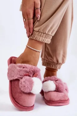 Kapcie Klasyczne>Boto Damskie Papcie Z Pomponami I Futerkiem Różowe Sahira