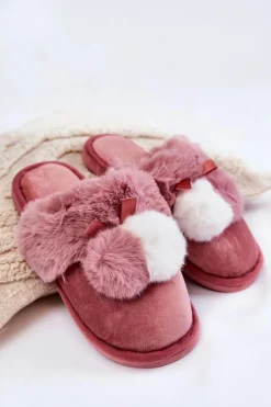 Kapcie Klasyczne>Boto Damskie Papcie Z Pomponami I Futerkiem Różowe Sahira