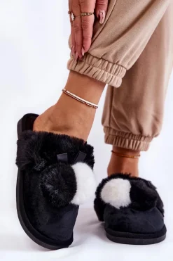 Clearance Damskie Papcie Z Pomponami I Futerkiem Czarne Sahira Damskie Kapcie Klasyczne