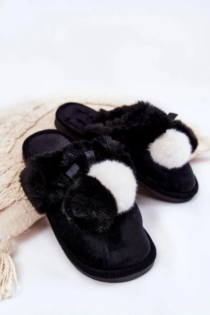 Clearance Damskie Papcie Z Pomponami I Futerkiem Czarne Sahira Damskie Kapcie Klasyczne