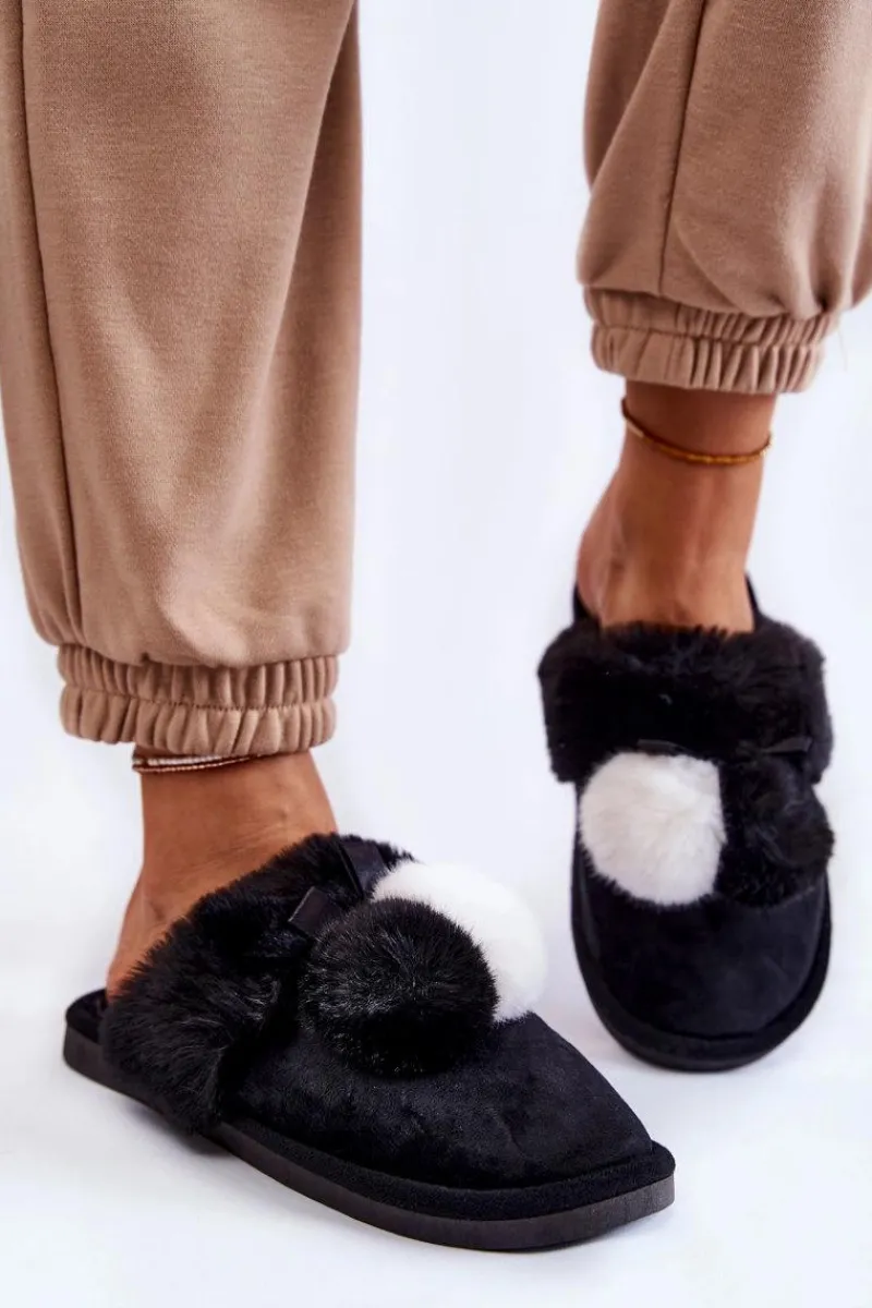Clearance Damskie Papcie Z Pomponami I Futerkiem Czarne Sahira Damskie Kapcie Klasyczne