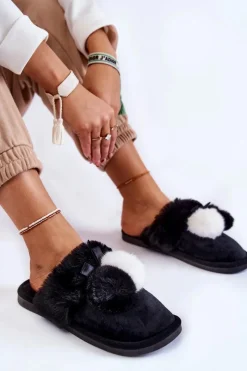 Clearance Damskie Papcie Z Pomponami I Futerkiem Czarne Sahira Damskie Kapcie Klasyczne