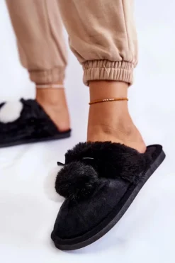 Clearance Damskie Papcie Z Pomponami I Futerkiem Czarne Sahira Damskie Kapcie Klasyczne