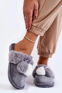 Clearance Damskie Papcie Z Pomponami I Futerkiem Szare Sahira Damskie Kapcie Klasyczne