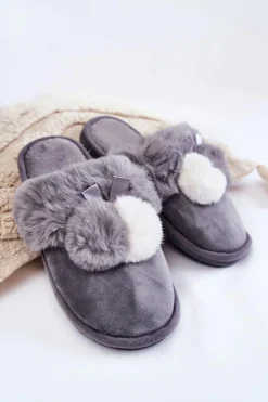 Clearance Damskie Papcie Z Pomponami I Futerkiem Szare Sahira Damskie Kapcie Klasyczne
