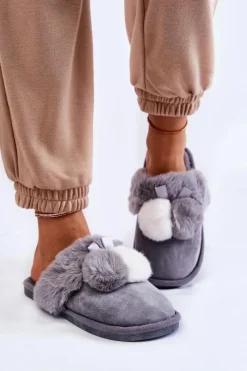 Clearance Damskie Papcie Z Pomponami I Futerkiem Szare Sahira Damskie Kapcie Klasyczne