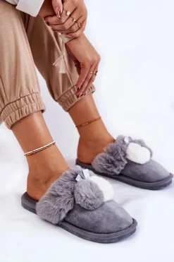 Clearance Damskie Papcie Z Pomponami I Futerkiem Szare Sahira Damskie Kapcie Klasyczne