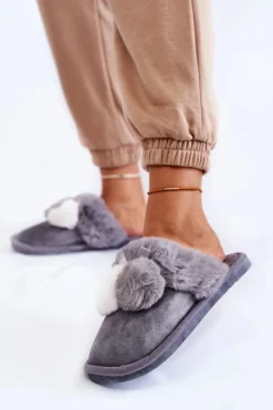 Clearance Damskie Papcie Z Pomponami I Futerkiem Szare Sahira Damskie Kapcie Klasyczne