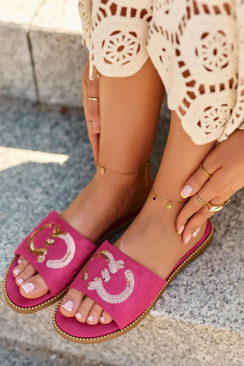 Klapki Damskie Klasyczne>Damskie buty S.Barski Damskie Płaskie Klapki Z Cekinami S.Barski KV27-052 Fuksja Różowy