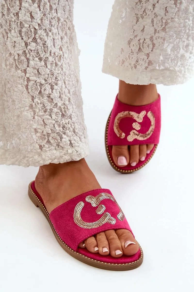 Klapki Damskie Klasyczne>Damskie buty S.Barski Damskie Płaskie Klapki Z Cekinami S.Barski KV27-052 Fuksja Różowy