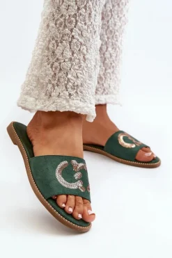 Damskie Płaskie Klapki Z Cekinami S.Barski KV27-052 Zielone Damskie Klapki Damskie Klasyczne