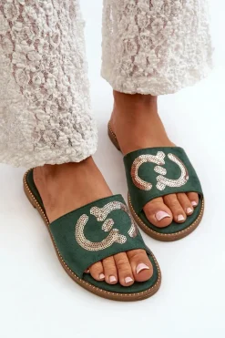 Damskie Płaskie Klapki Z Cekinami S.Barski KV27-052 Zielone Damskie Klapki Damskie Klasyczne