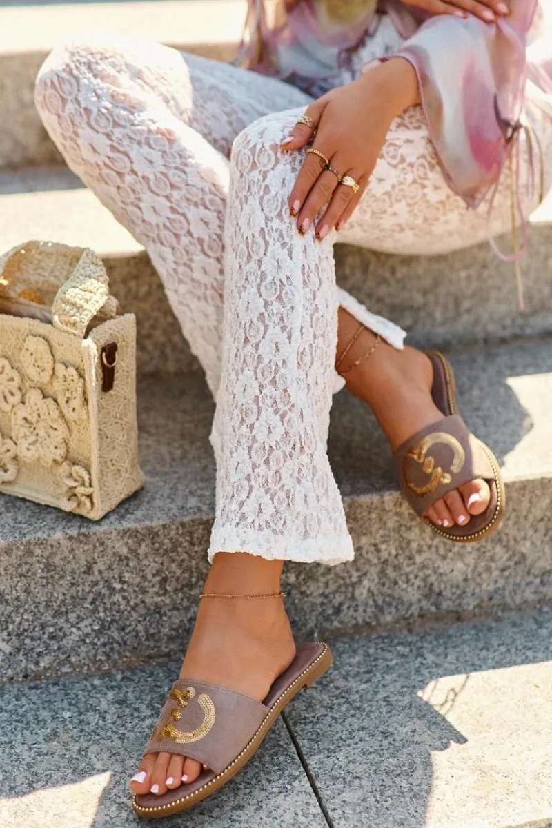 Klapki Damskie Klasyczne>Damskie buty S.Barski Damskie Płaskie Klapki Z Cekinami S.Barski KV27-052 Brązowe Brązowy