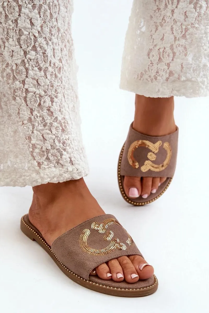 Klapki Damskie Klasyczne>Damskie buty S.Barski Damskie Płaskie Klapki Z Cekinami S.Barski KV27-052 Brązowe Brązowy