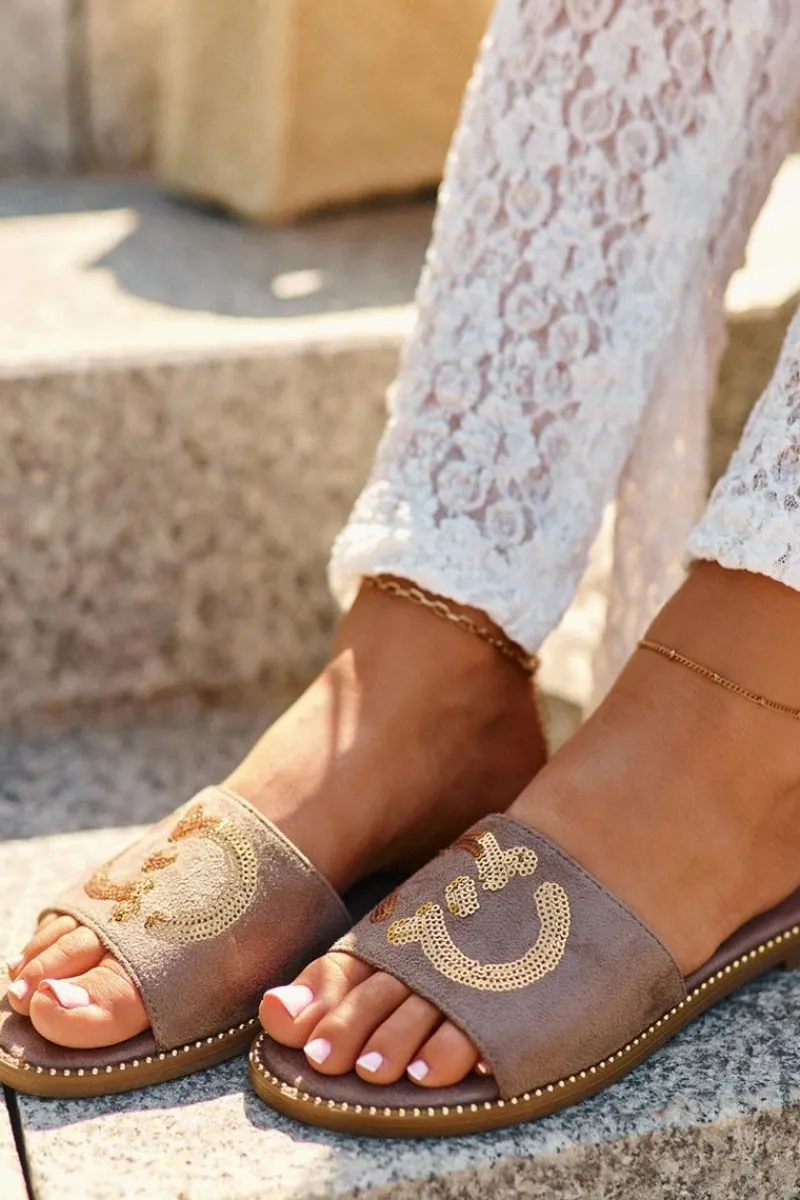 Klapki Damskie Klasyczne>Damskie buty S.Barski Damskie Płaskie Klapki Z Cekinami S.Barski KV27-052 Brązowe Brązowy