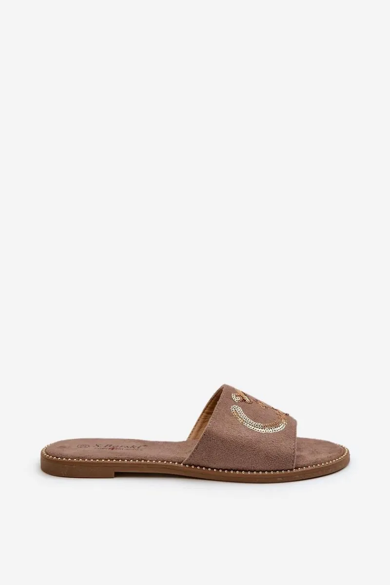 Klapki Damskie Klasyczne>Damskie buty S.Barski Damskie Płaskie Klapki Z Cekinami S.Barski KV27-052 Brązowe Brązowy