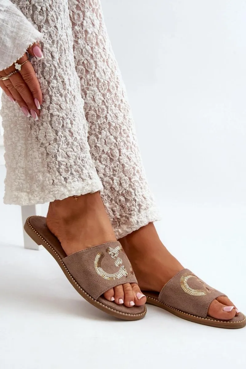 Klapki Damskie Klasyczne>Damskie buty S.Barski Damskie Płaskie Klapki Z Cekinami S.Barski KV27-052 Brązowe Brązowy