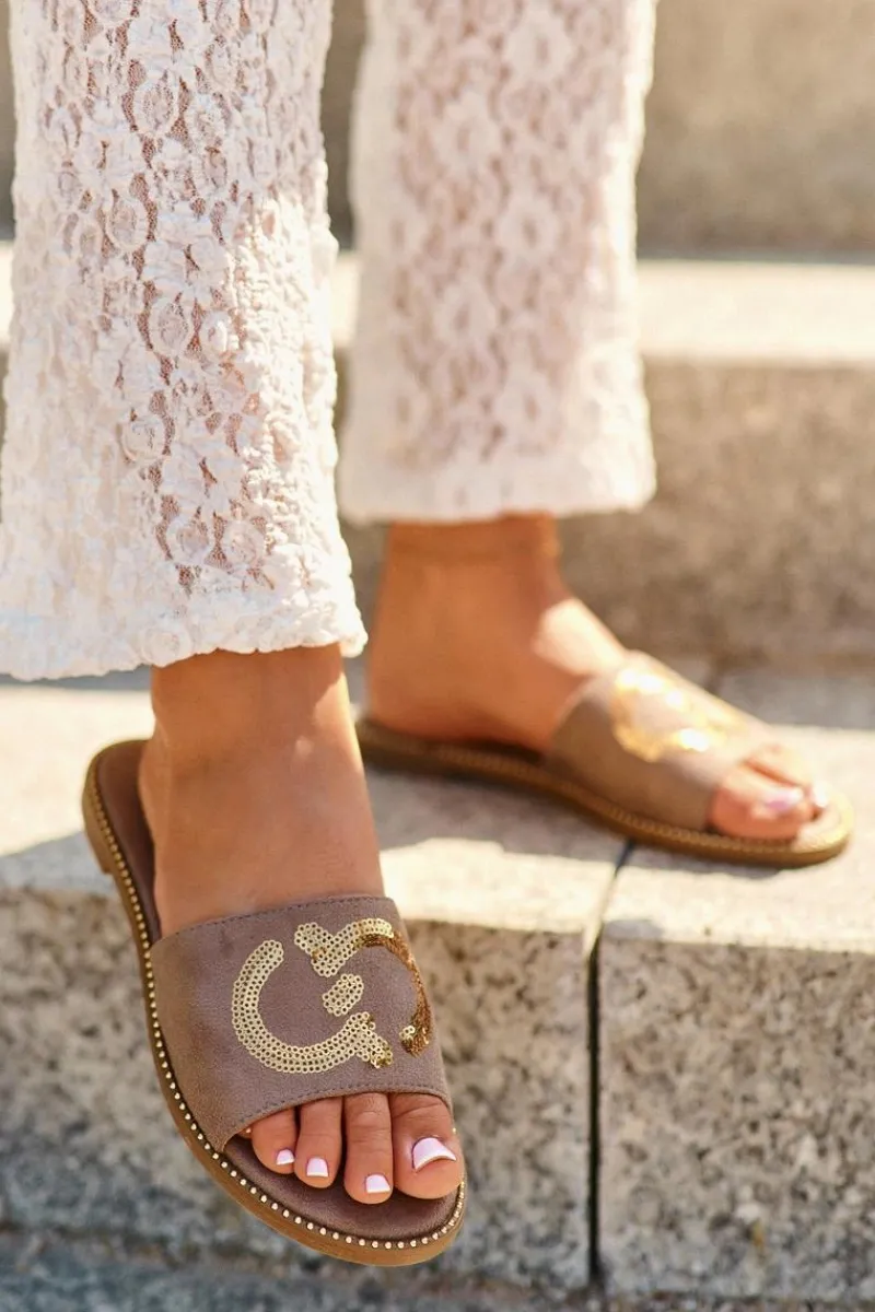 Klapki Damskie Klasyczne>Damskie buty S.Barski Damskie Płaskie Klapki Z Cekinami S.Barski KV27-052 Brązowe Brązowy