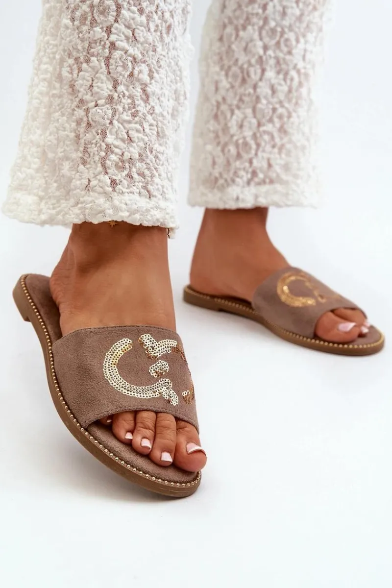 Klapki Damskie Klasyczne>Damskie buty S.Barski Damskie Płaskie Klapki Z Cekinami S.Barski KV27-052 Brązowe Brązowy