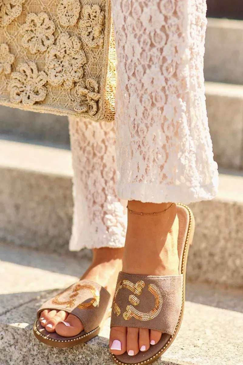 Klapki Damskie Klasyczne>Damskie buty S.Barski Damskie Płaskie Klapki Z Cekinami S.Barski KV27-052 Brązowe Brązowy