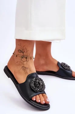 Best Damskie buty S.Barski Damskie Płaskie Klapki Z Ozdobami S.Barski KV-520-3 Czarne Czarny
