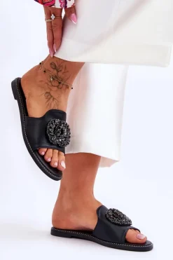 Best Damskie buty S.Barski Damskie Płaskie Klapki Z Ozdobami S.Barski KV-520-3 Czarne Czarny