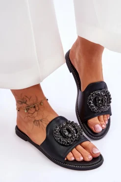 Best Damskie buty S.Barski Damskie Płaskie Klapki Z Ozdobami S.Barski KV-520-3 Czarne Czarny