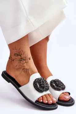 Damskie Płaskie Klapki Z Ozdobami S.Barski KV-520-3 Srebrne Damskie Klapki Damskie Klasyczne