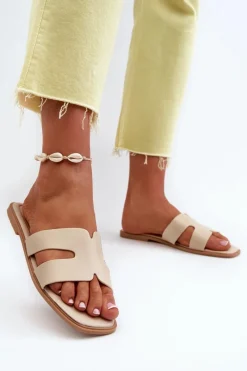 Outlet Boto Damskie Płaskie Klapki Z Wycięciami Beżowe Fiviama