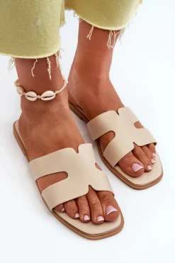 Outlet Boto Damskie Płaskie Klapki Z Wycięciami Beżowe Fiviama