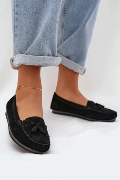 Discount Damskie buty S.Barski Damskie Płaskie Klasyczne Zamszowe Mokasyny S.Barski LR51-548 Czarne Czarny